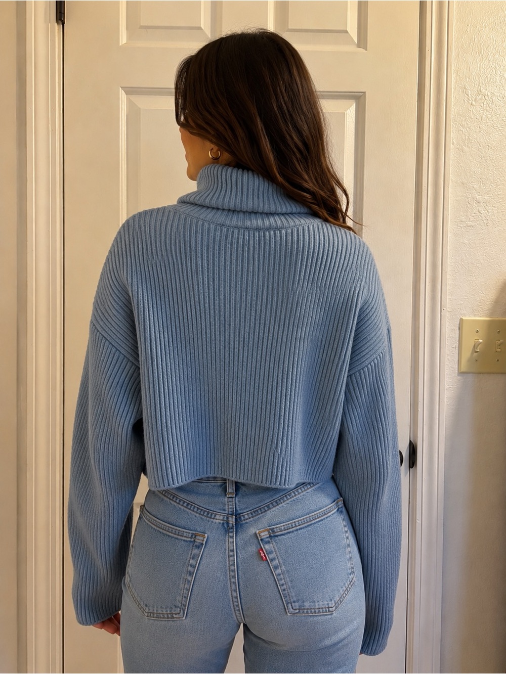 SHEIN Light Blue Ribbed Cropped Turtleneck Sweater
